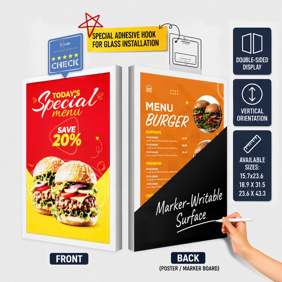 Wtalk Pro double-sided LED backlit poster window display with writable marker board for storefront window, #type_a