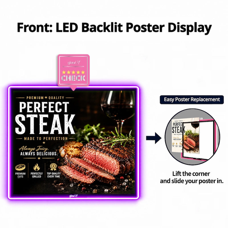 glowN Pro double-sided LED backlit poster display with neon border for retail window advertising