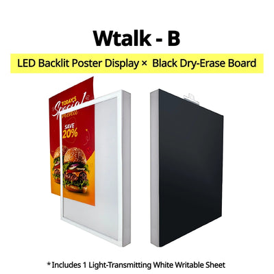 Wtalk B double-sided LED backlit poster window display with front poster advertising panel and black dry-erase back, 