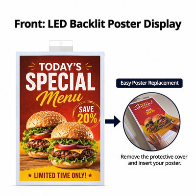 Front side of Wtalk Pro LED backlit poster display with easy poster replacement feature, 