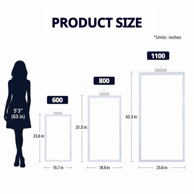 Wtalk product size comparison chart showing 600, 800, and 1100 models in inches ,