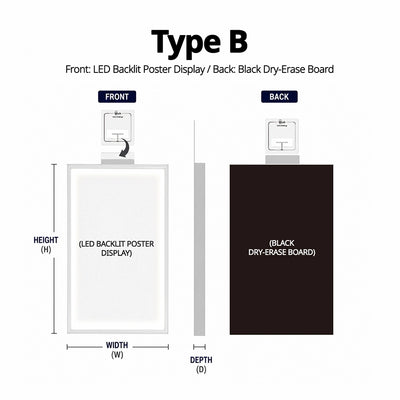 Wtalk Type B display structure showing front LED backlit poster display and rear black dry-erase board, 