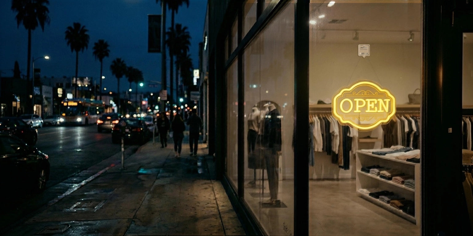 Neon 'Open' sign in a store window with a city street at night.