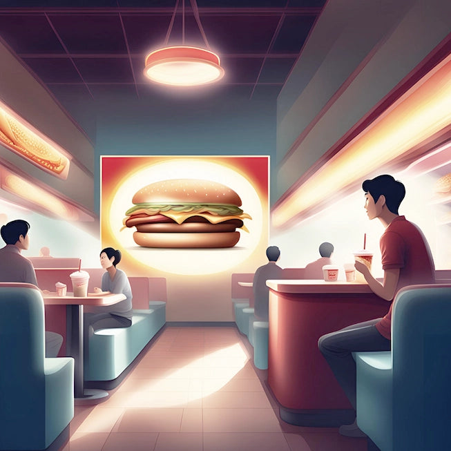 Dining area with people seated at tables, large LED display screen displaying a burger, and warm lighting.